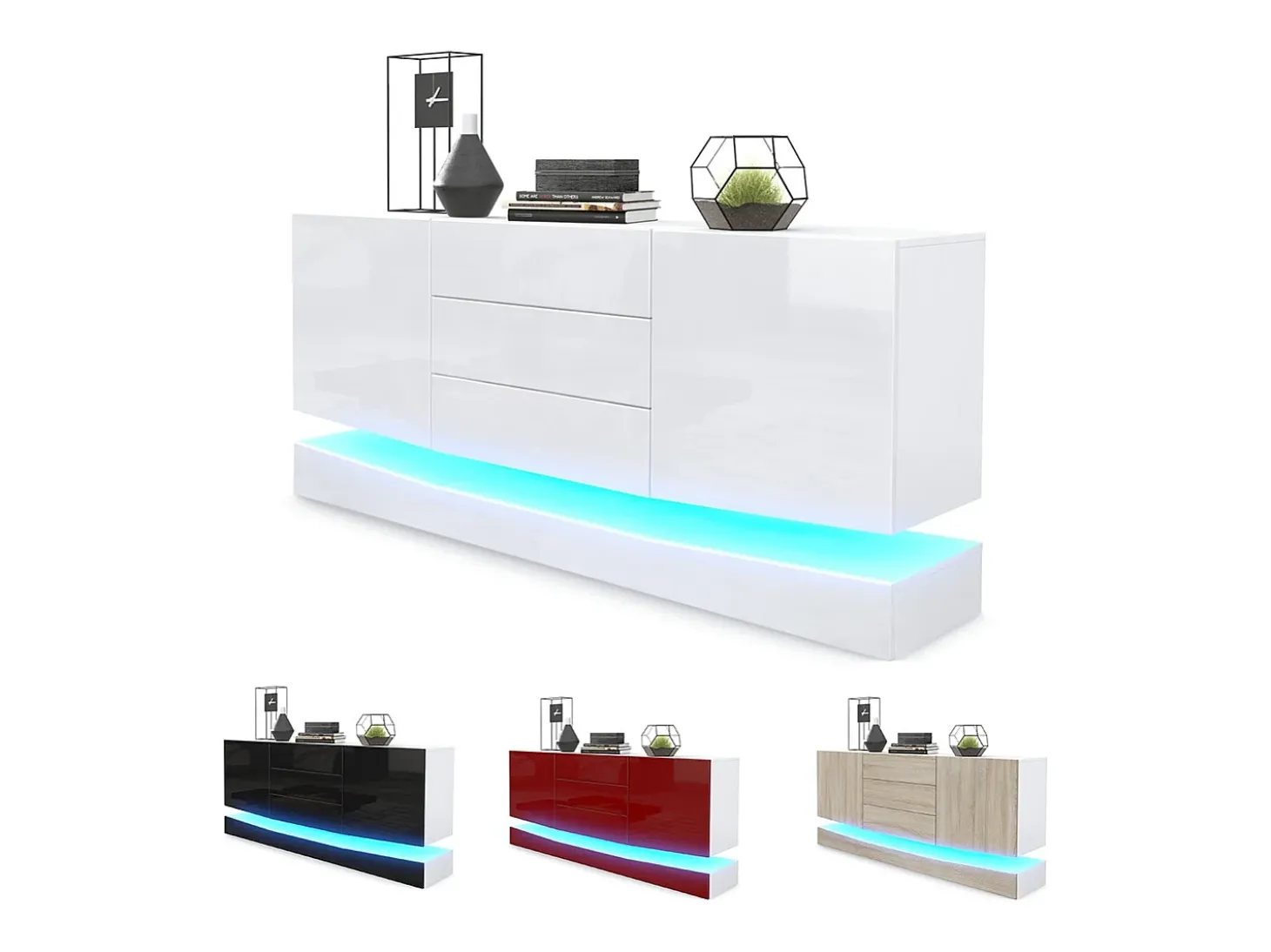 Vladon Aparador City, blanco mate/gris de alto brillo con LED - Cómoda moderna para su salón (178 x 72 x 38 cm)