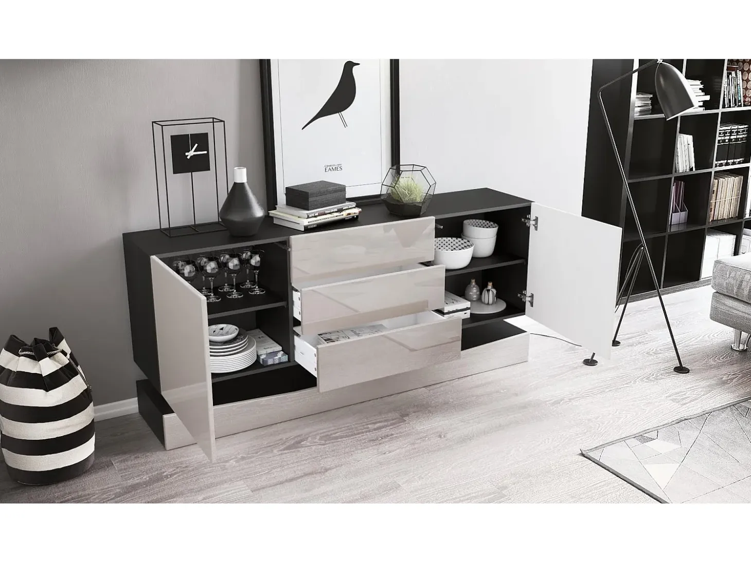Vladon Aparador City, negro mate/zarzamora de alto brillo - Cómoda moderna para su salón (178 x 72 x 38 cm)