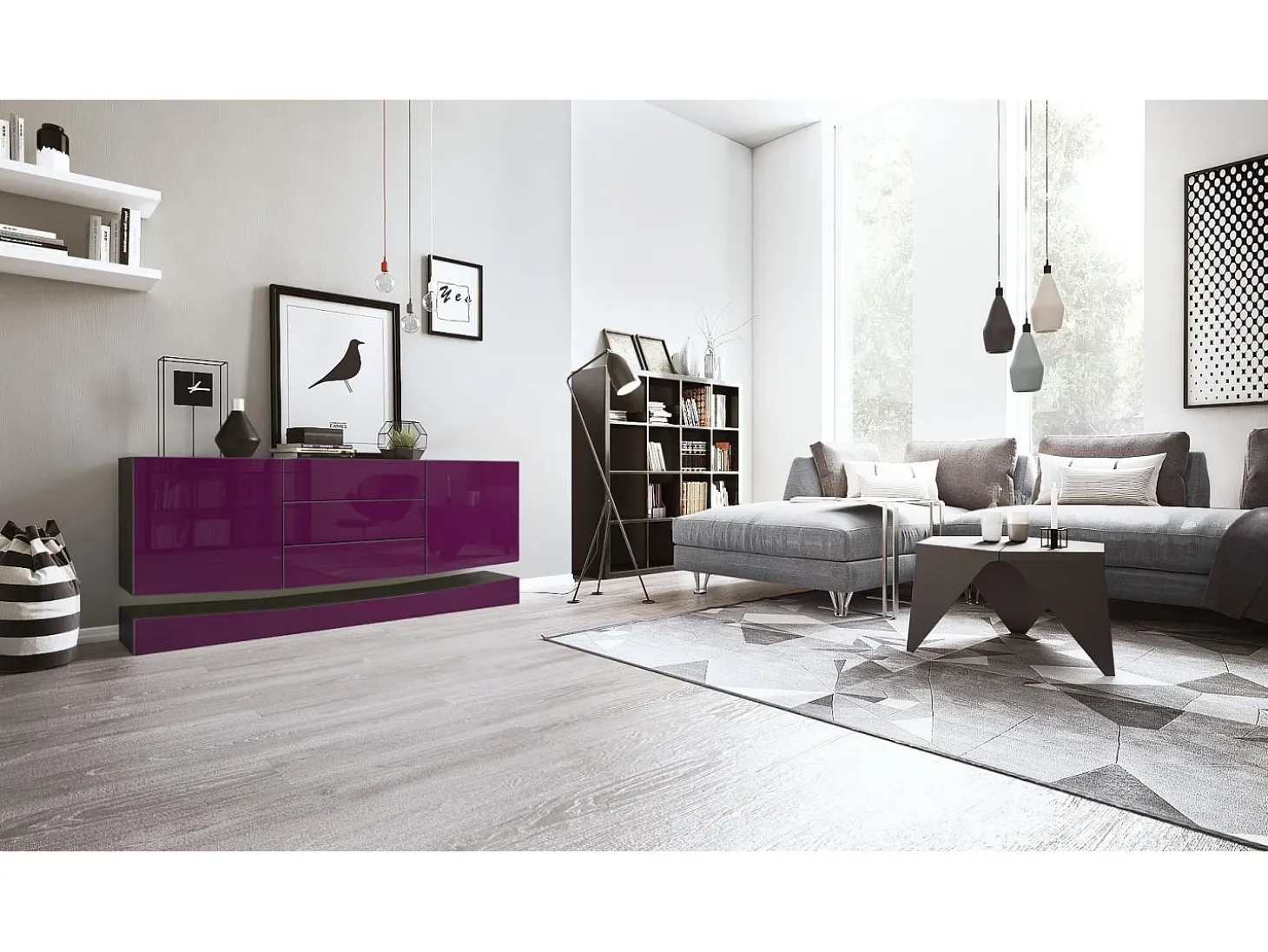 Vladon Aparador City, negro mate/zarzamora de alto brillo - Cómoda moderna para su salón (178 x 72 x 38 cm)