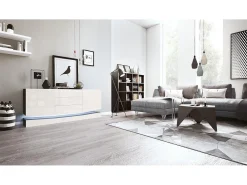 Vladon Aparador City, negro mate/crema de alto brillo con LED - Cómoda moderna para su salón (178 x 72 x 38 cm)