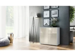 Vladon Cajonera Ben, Cómoda con 2 Puertas y 2 Cajones Blanco mate/Crema de alto brillo (79 x 74 x 36 cm)