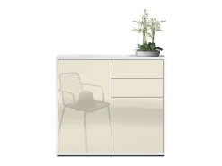 Vladon Cajonera Ben, Cómoda con 2 Puertas y 2 Cajones Blanco mate/Crema de alto brillo (79 x 74 x 36 cm)