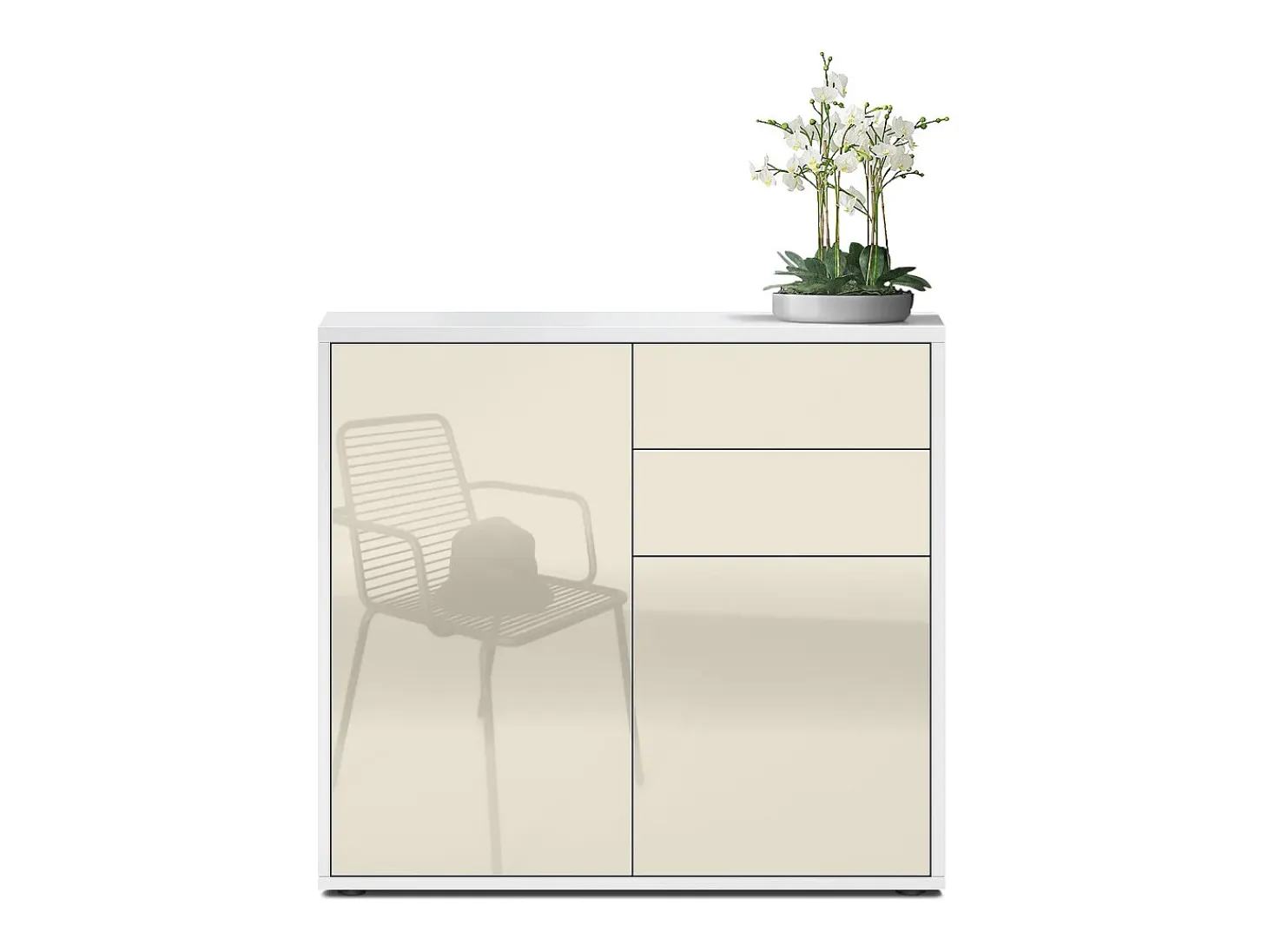 Vladon Cajonera Ben, Cómoda con 2 Puertas y 2 Cajones Blanco mate/Crema de alto brillo (79 x 74 x 36 cm)