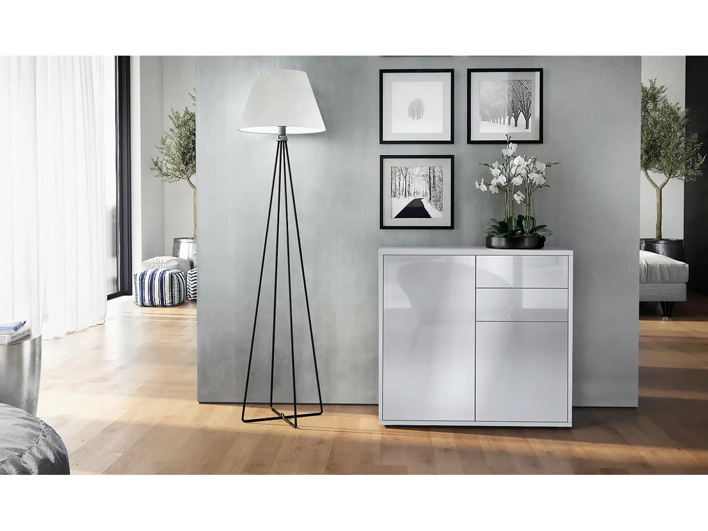 Vladon Cajonera Ben, Cómoda con 2 Puertas y 2 Cajones Blanco mate/Blanco de alto brillo (79 x 74 x 36 cm)