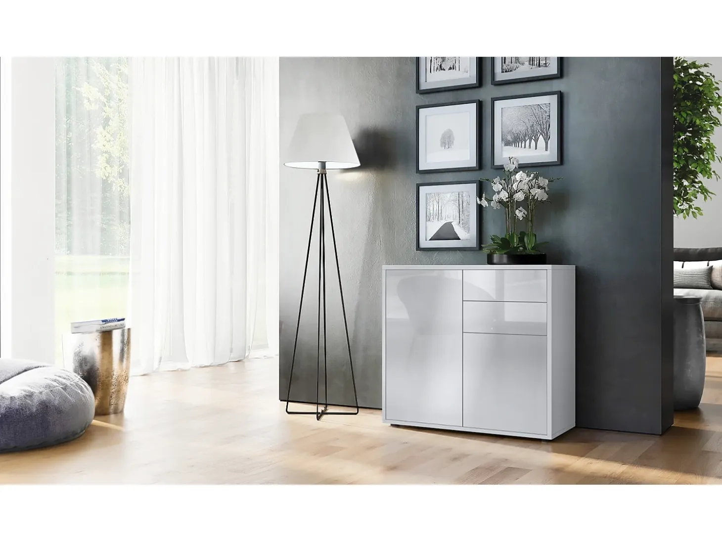 Vladon Cajonera Ben, Cómoda con 2 Puertas y 2 Cajones Blanco mate/Blanco de alto brillo (79 x 74 x 36 cm)