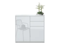 Vladon Cajonera Ben, Cómoda con 2 Puertas y 2 Cajones Blanco mate/Blanco de alto brillo (79 x 74 x 36 cm)