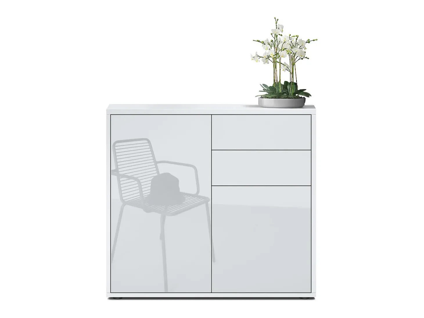 Vladon Cajonera Ben, Cómoda con 2 Puertas y 2 Cajones Blanco mate/Blanco de alto brillo (79 x 74 x 36 cm)