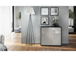 Vladon Cajonera Ben, Cómoda con 2 Puertas y 2 Cajones Negro mate/Gris arena de alto brillo (79 x 74 x 36 cm)