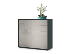 Vladon Cajonera Ben, Cómoda con 2 Puertas y 2 Cajones Negro mate/Gris arena de alto brillo (79 x 74 x 36 cm)