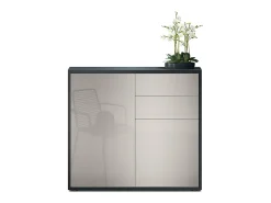 Vladon Cajonera Ben, Cómoda con 2 Puertas y 2 Cajones Negro mate/Gris arena de alto brillo (79 x 74 x 36 cm)