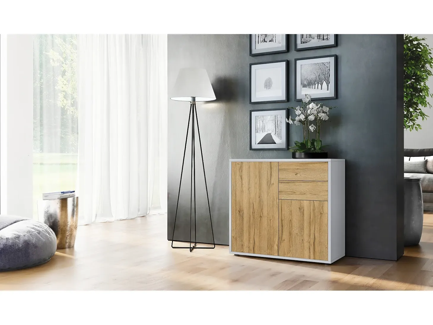 Vladon Cajonera Ben, Cómoda con 2 Puertas y 2 Cajones Blanco mate/Roble natural (79 x 74 x 36 cm)
