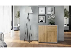 Vladon Cajonera Ben, Cómoda con 2 Puertas y 2 Cajones Blanco mate/Roble natural (79 x 74 x 36 cm)