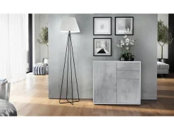 Vladon Cajonera Ben, Cómoda con 2 Puertas y 2 Cajones Blanco mate/Hormigón oxidado (79 x 74 x 36 cm)