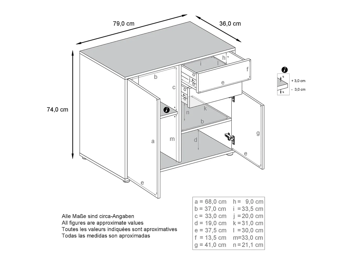 Vladon Cajonera Ben, Cómoda con 2 Puertas y 2 Cajones Blanco mate/Hormigón oxidado (79 x 74 x 36 cm)