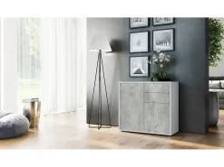 Vladon Cajonera Ben, Cómoda con 2 Puertas y 2 Cajones Blanco mate/Hormigón oxidado (79 x 74 x 36 cm)