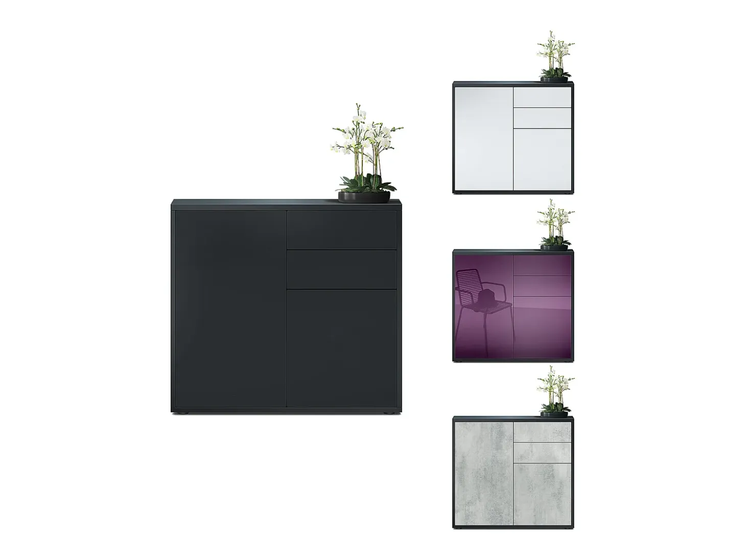 Vladon Cajonera Ben, Cómoda con 2 Puertas y 2 Cajones Negro mate/Hormigón oxidado (79 x 74 x 36 cm)