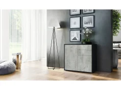 Vladon Cajonera Ben, Cómoda con 2 Puertas y 2 Cajones Negro mate/Hormigón oxidado (79 x 74 x 36 cm)
