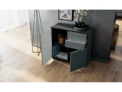 Vladon Cajonera Ben, Cómoda con 2 Puertas y 2 Cajones Negro mate/Crema de alto brillo (79 x 74 x 36 cm)