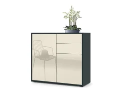 Vladon Cajonera Ben, Cómoda con 2 Puertas y 2 Cajones Negro mate/Crema de alto brillo (79 x 74 x 36 cm)