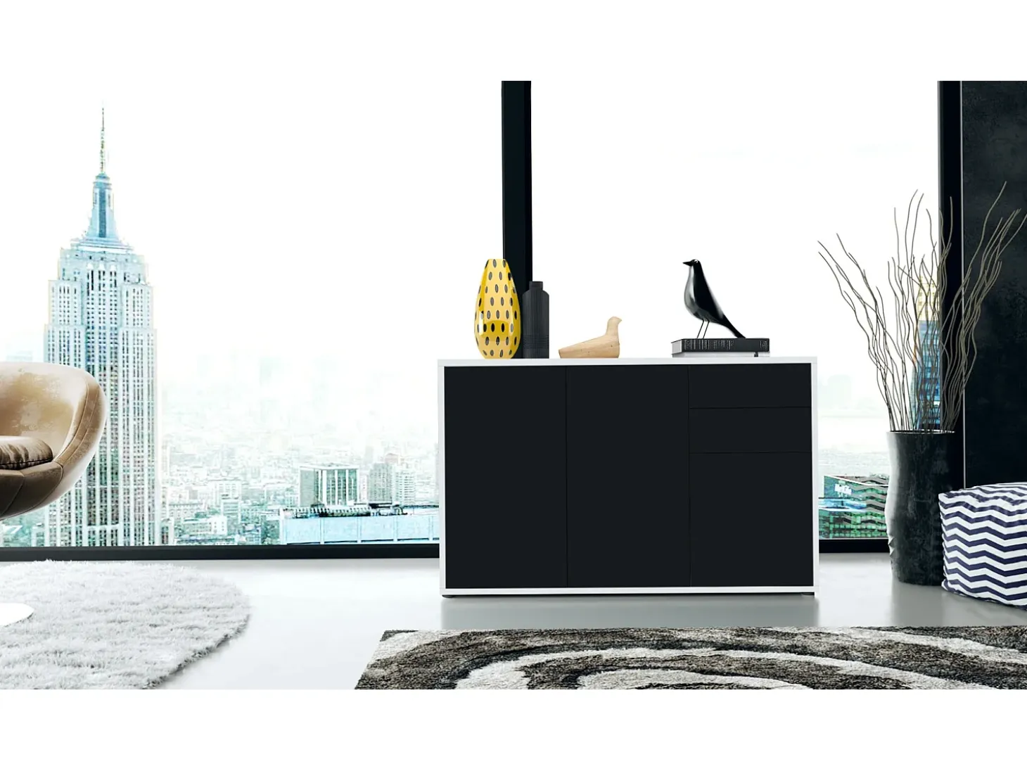 Vladon Cajonera Ben V3, Cómoda con 3 Puertas y 2 Cajones, Blanco mate/Negro mate (117 x 74 x 36 cm)