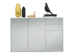 Vladon Cajonera Ben V3, Cómoda con 3 Puertas y 2 Cajones, Blanco mate/Gris claro satinado (117 x 74 x 36 cm)