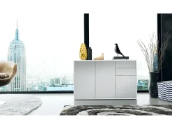 Vladon Cajonera Ben V3, Cómoda con 3 Puertas y 2 Cajones, Blanco mate/Gris claro satinado (117 x 74 x 36 cm)