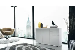 Vladon Cajonera Ben V3, Cómoda con 3 Puertas y 2 Cajones, Blanco mate/Gris claro satinado (117 x 74 x 36 cm)