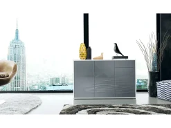 Vladon Cajonera Ben V3, Cómoda con 3 Puertas y 2 Cajones, Blanco mate/Gris de alto brillo (117 x 74 x 36 cm)