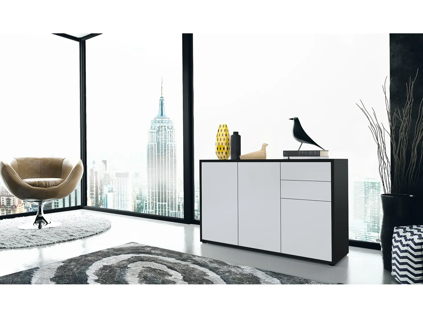 Vladon Cajonera Ben V3, Cómoda con 3 Puertas y 2 Cajones, Negro mate/Blanco mate (117 x 74 x 36 cm)
