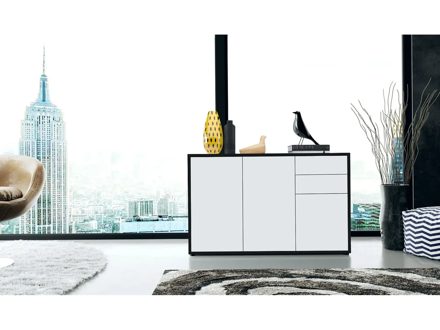 Vladon Cajonera Ben V3, Cómoda con 3 Puertas y 2 Cajones, Negro mate/Blanco mate (117 x 74 x 36 cm)