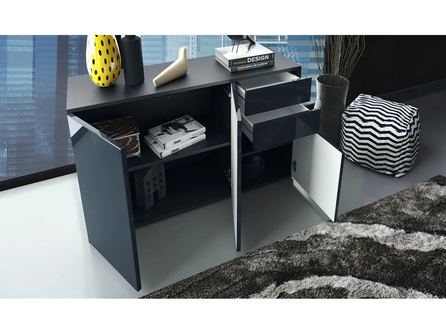Vladon Cajonera Ben V3, Cómoda con 3 Puertas y 2 Cajones, Negro mate/Blanco mate (117 x 74 x 36 cm)