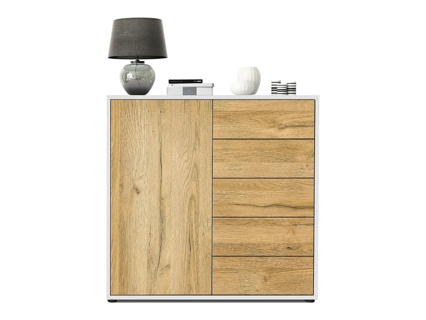 Vladon Cajonera Ben V2, Cómoda con 1 Puerta y 5 Cajones, Blanco mate/Roble natural (79 x 74 x 36 cm)