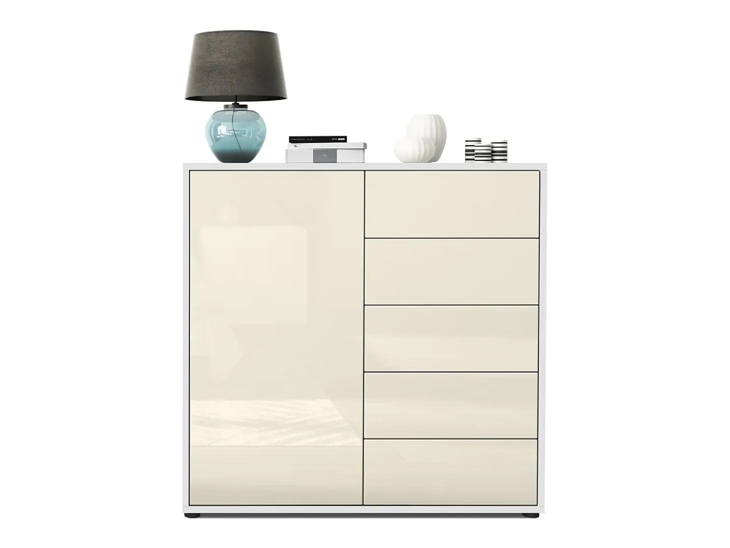 Vladon Cajonera Ben V2, Cómoda con 1 Puerta y 5 Cajones, Blanco mate/Crema de alto brillo (79 x 74 x 36 cm)