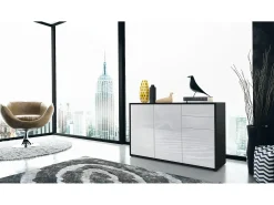 Vladon Cajonera Ben V3, Cómoda con 3 Puertas y 2 Cajones, Negro mate/Blanco de alto brillo (117 x 74 x 36 cm)