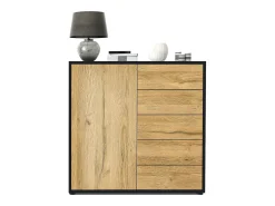 Vladon Cajonera Ben V2, Cómoda con 1 Puerta y 5 Cajones, Negro mate/Roble natural (79 x 74 x 36 cm)