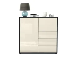 Vladon Cajonera Ben V2, Cómoda con 1 Puerta y 5 Cajones, Negro mate/Crema de alto brillo (79 x 74 x 36 cm)