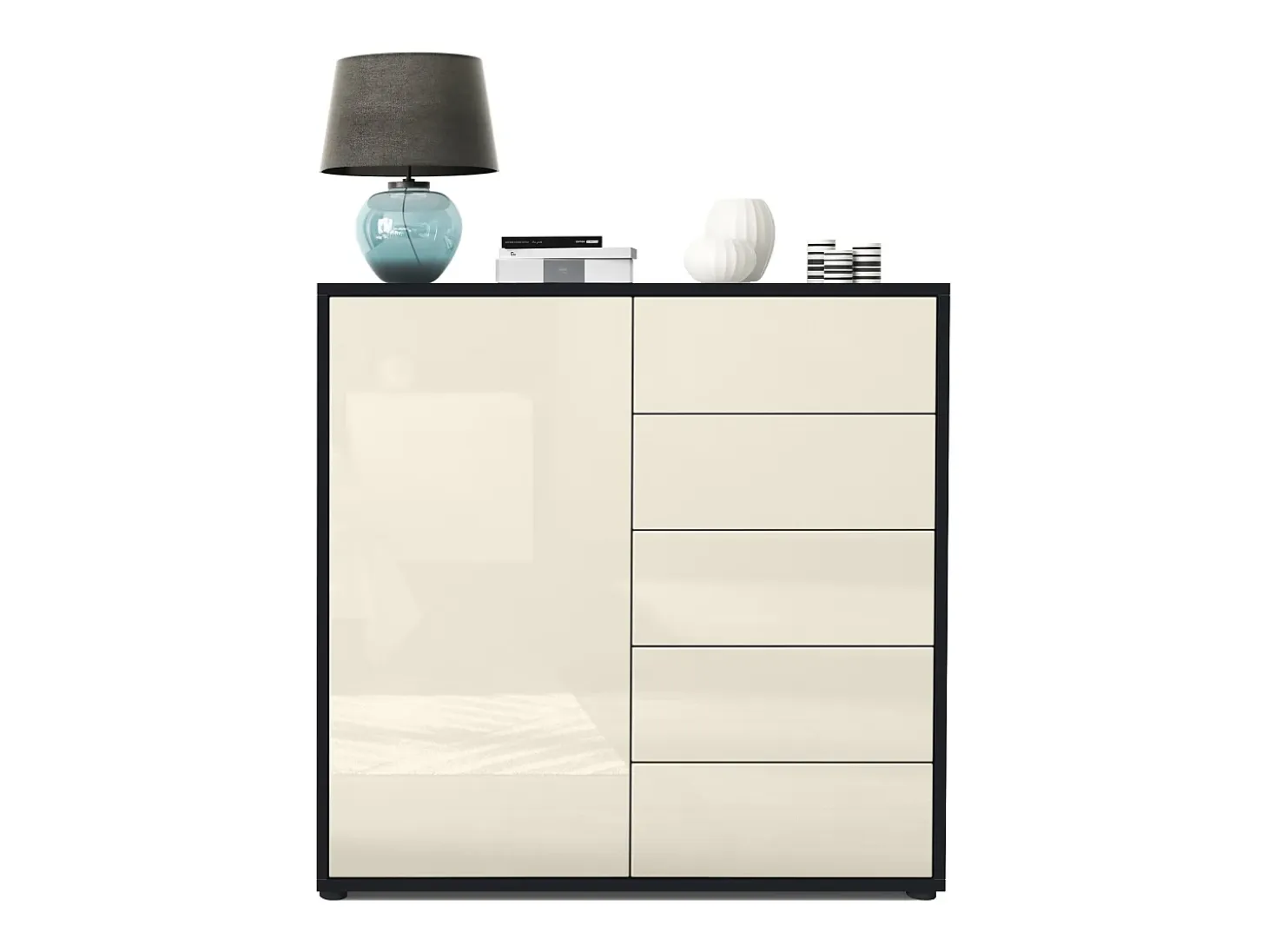 Vladon Cajonera Ben V2, Cómoda con 1 Puerta y 5 Cajones, Negro mate/Crema de alto brillo (79 x 74 x 36 cm)
