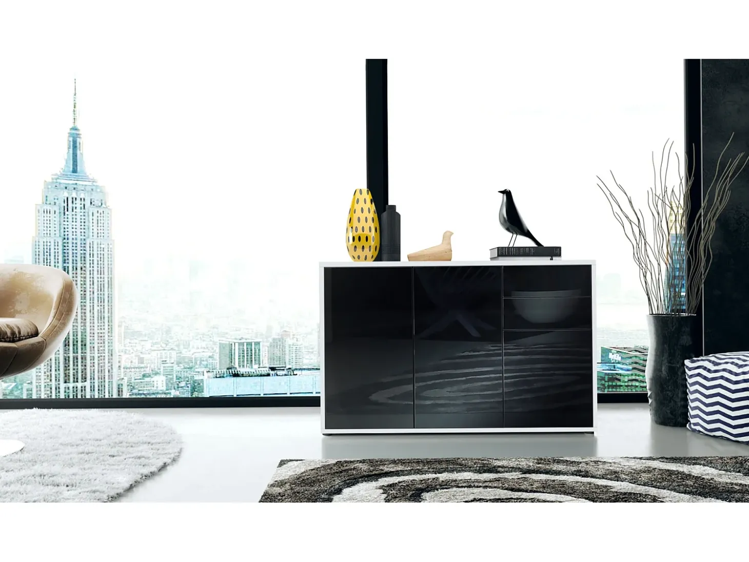 Vladon Cajonera Ben V3, Cómoda con 3 Puertas y 2 Cajones, Blanco mate/Negro de alto brillo (117 x 74 x 36 cm)