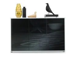 Vladon Cajonera Ben V3, Cómoda con 3 Puertas y 2 Cajones, Blanco mate/Negro de alto brillo (117 x 74 x 36 cm)
