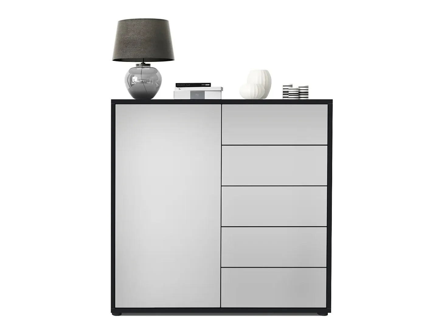 Vladon Cajonera Ben V2, Cómoda con 1 Puerta y 5 Cajones, Negro mate/Gris claro satinado (79 x 74 x 36 cm)