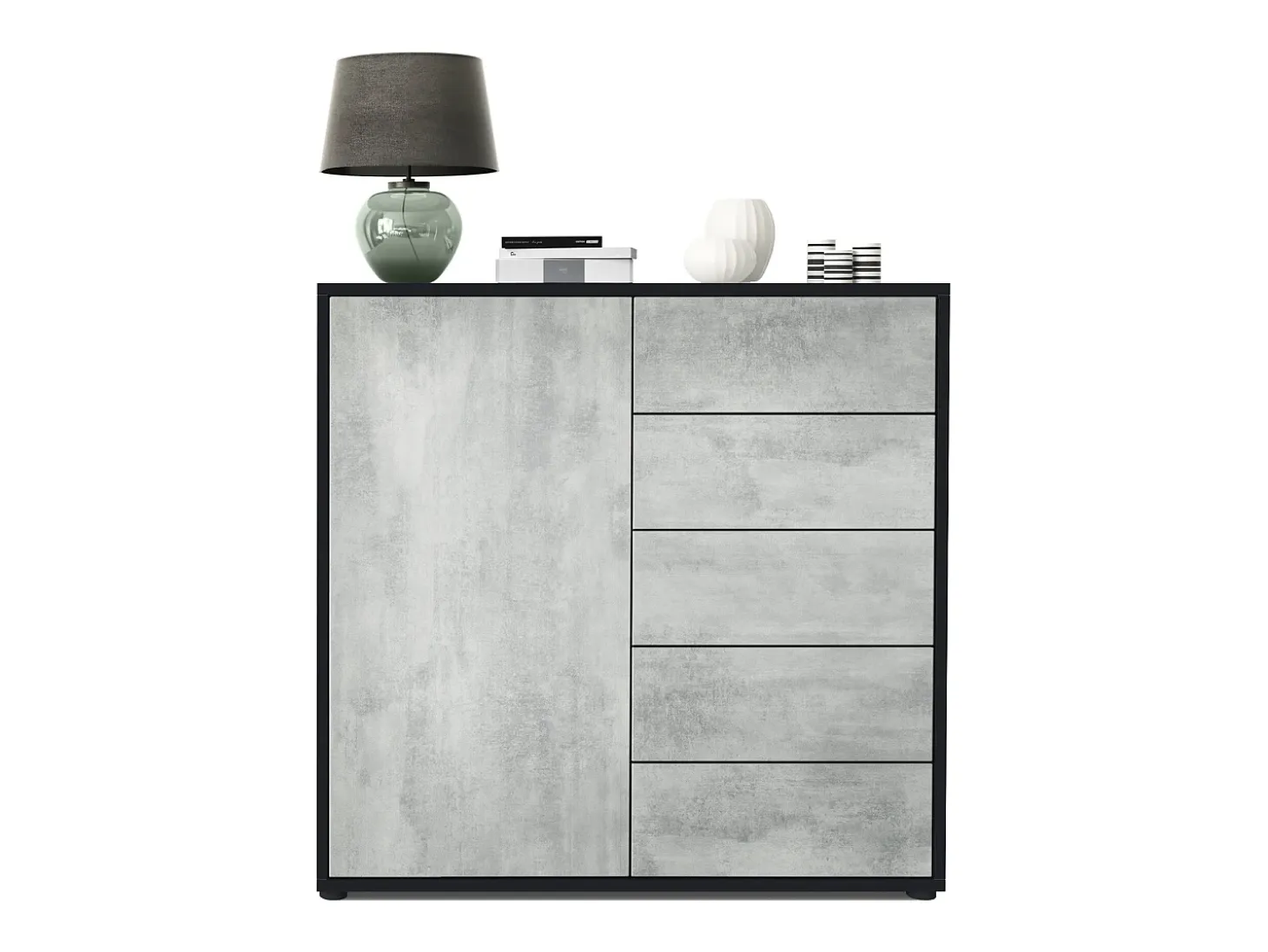 Vladon Cajonera Ben V2, Cómoda con 1 Puerta y 5 Cajones, Negro mate/Hormigón oxidado (79 x 74 x 36 cm)