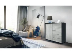 Vladon Cajonera Ben V2, Cómoda con 1 Puerta y 5 Cajones, Negro mate/Hormigón oxidado (79 x 74 x 36 cm)