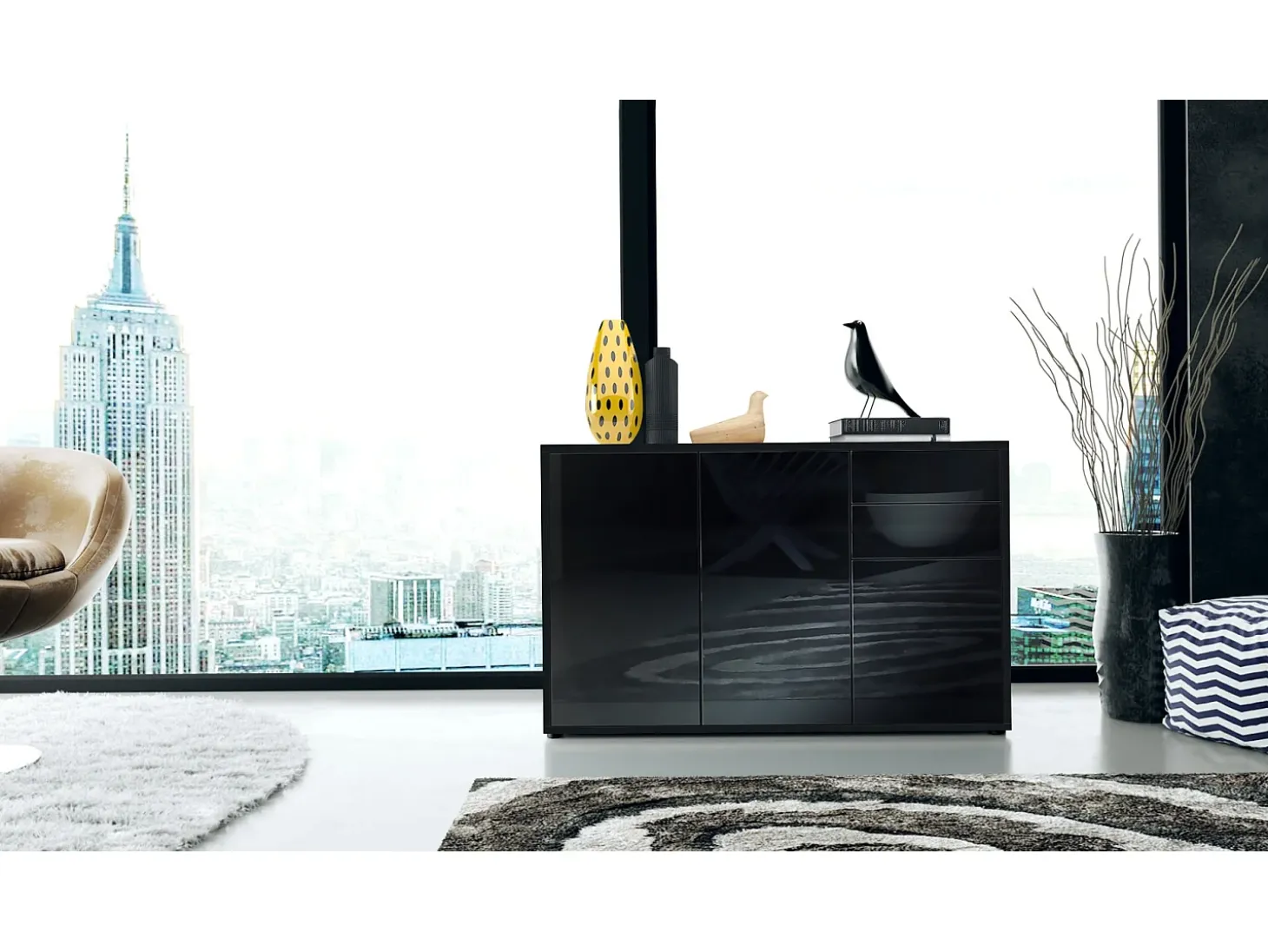 Vladon Cajonera Ben V3, Cómoda con 3 Puertas y 2 Cajones, Negro mate/Negro de alto brillo (117 x 74 x 36 cm)