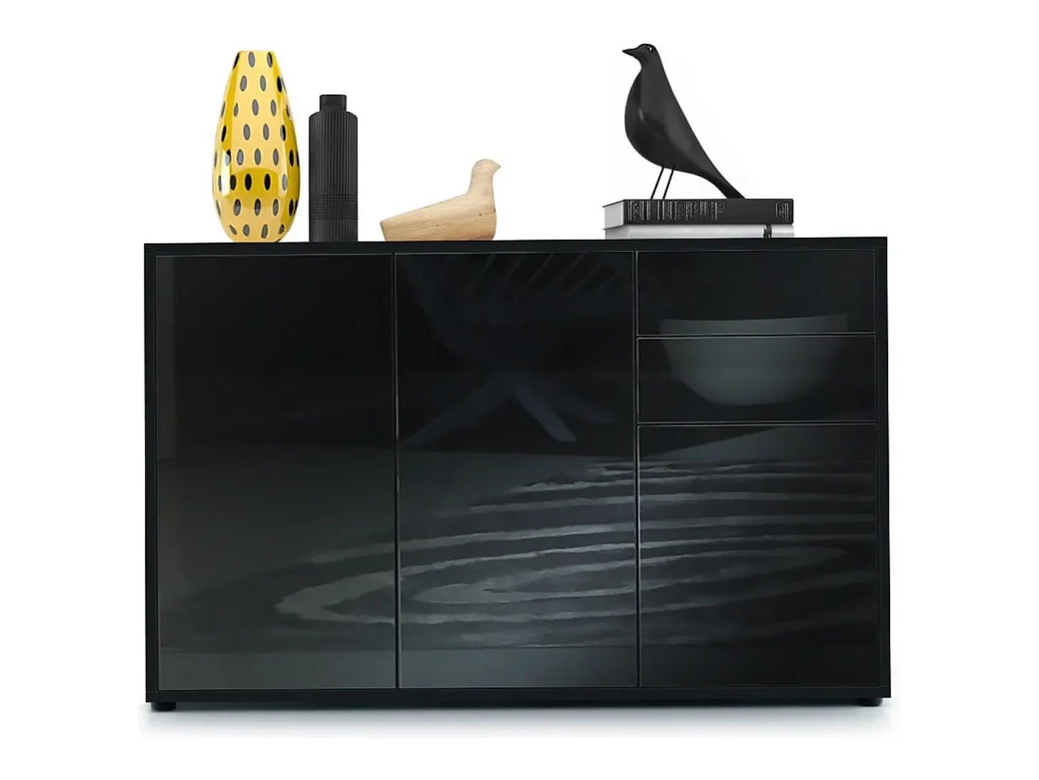 Vladon Cajonera Ben V3, Cómoda con 3 Puertas y 2 Cajones, Negro mate/Negro de alto brillo (117 x 74 x 36 cm)