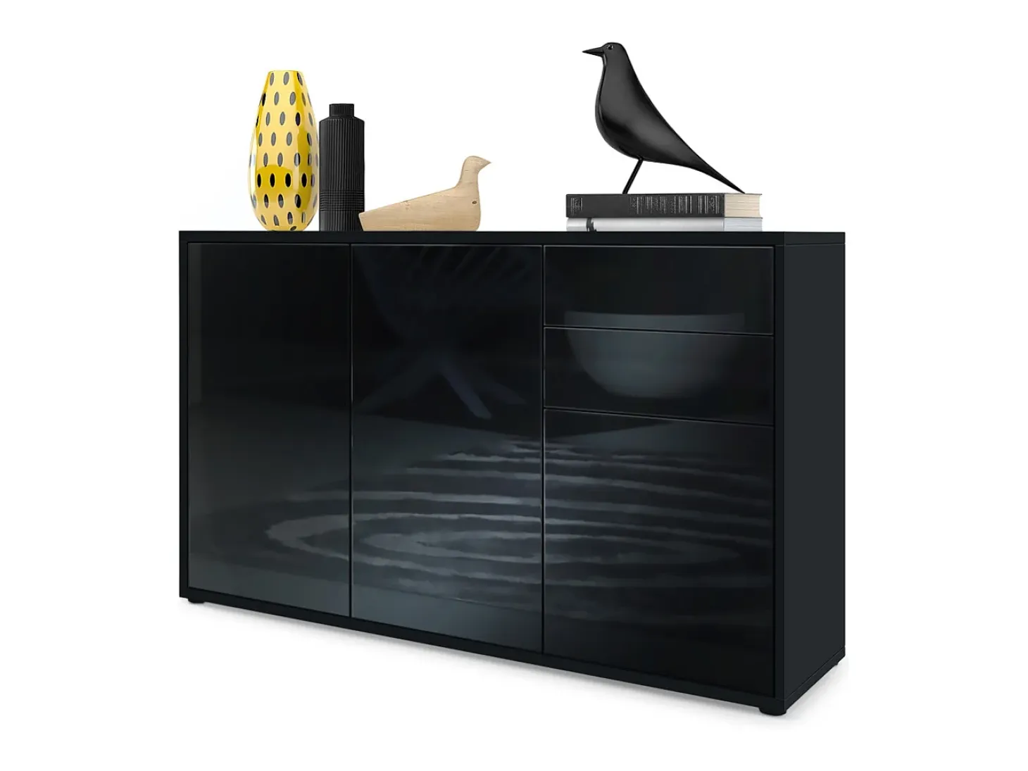 Vladon Cajonera Ben V3, Cómoda con 3 Puertas y 2 Cajones, Negro mate/Negro de alto brillo (117 x 74 x 36 cm)