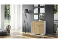 Vladon Cajonera Benny, Cómoda con 2 Puertas y 2 Cajones, Blanco mate/Roble natural (79 x 74 x 36 cm)
