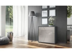 Vladon Cajonera Benny, Cómoda con 2 Puertas y 2 Cajones, Negro mate/Gris arena de alto brillo (79 x 74 x 36 cm)