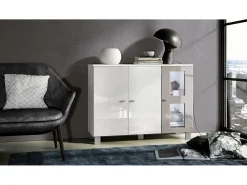 Vladon Cajonera Denjo, Cómoda con 3 Puertas, Blanco mate/Blanco de alto brillo/Gris arena de alto brillo, incluida iluminación LED (107 x 81 x 35 cm)