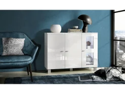Vladon Cajonera Denjo, Cómoda con 3 Puertas, Blanco mate/Blanco de alto brillo, incluida iluminación LED (107 x 81 x 35 cm)