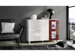 Vladon Cajonera Denjo, Cómoda con 3 Puertas, Blanco mate/Blanco de alto brillo/Burdeos de alto brillo, incluida iluminación LED (107 x 81 x 35 cm)